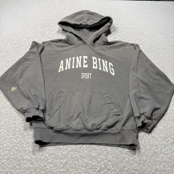 Anine Bing Hoodie Womens XS Gray Sport Pullover Graphic Logo Organic Cotton - Picture 1 of 12